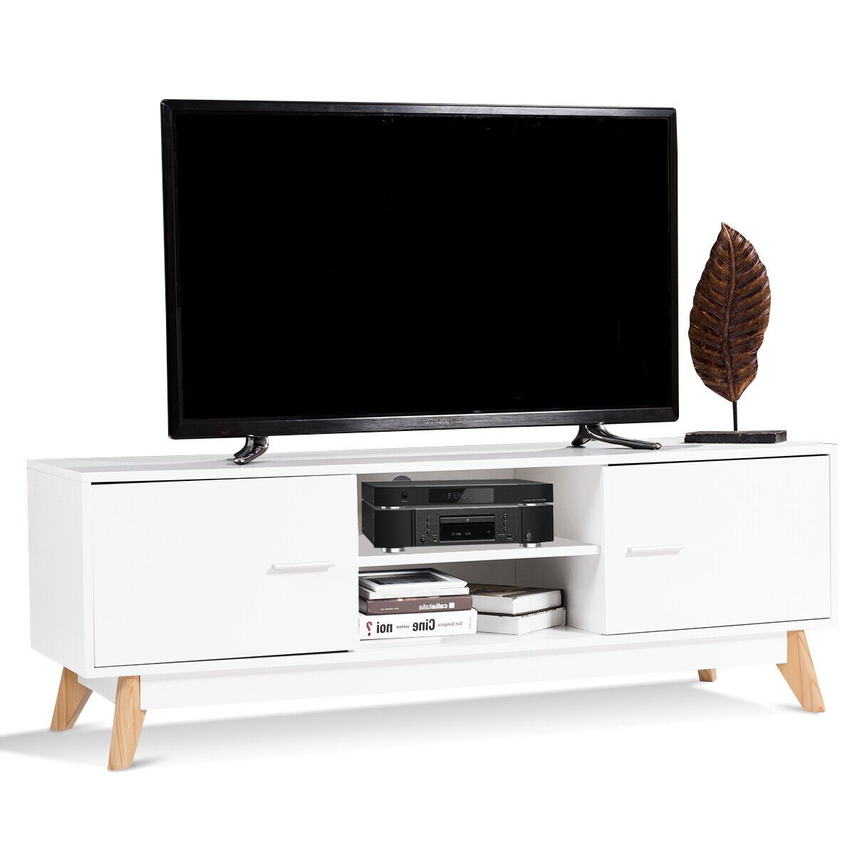 Modern Wooden TV Stand with Double Door and 2 Storage Shelves for TVs up to 60 Inches